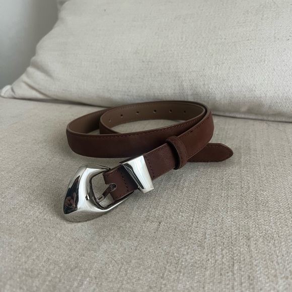 Accessories - Brown Suede/Nubuck Belt with Silver Sculptural Asymmetric Buckle
